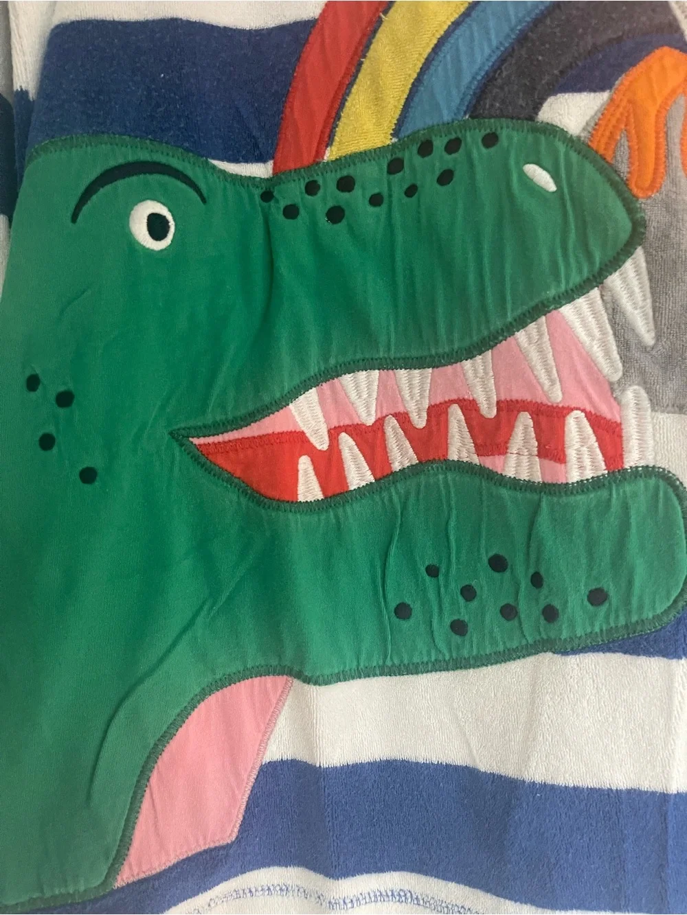 Mini Boden appliqué toweling cover-up 8/9 rainbow volcano dinosaur T-Rex unisex
